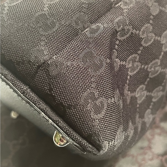 💯 authentic GUCCI TOTE HANDBAG LEATHER BLACK CANVAS IN SILVER METALLIC HARDWARE - Picture 8 of 8